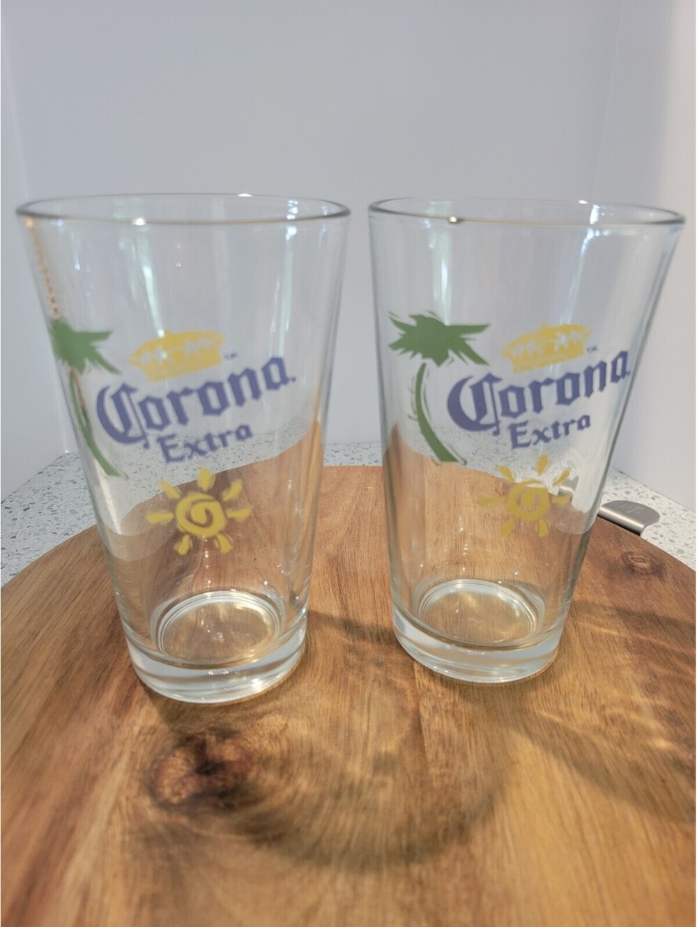 Set of 2 Corona Extra 16 oz Cerveza Beer Pint Glass Straight Clear Palm Tree Sun